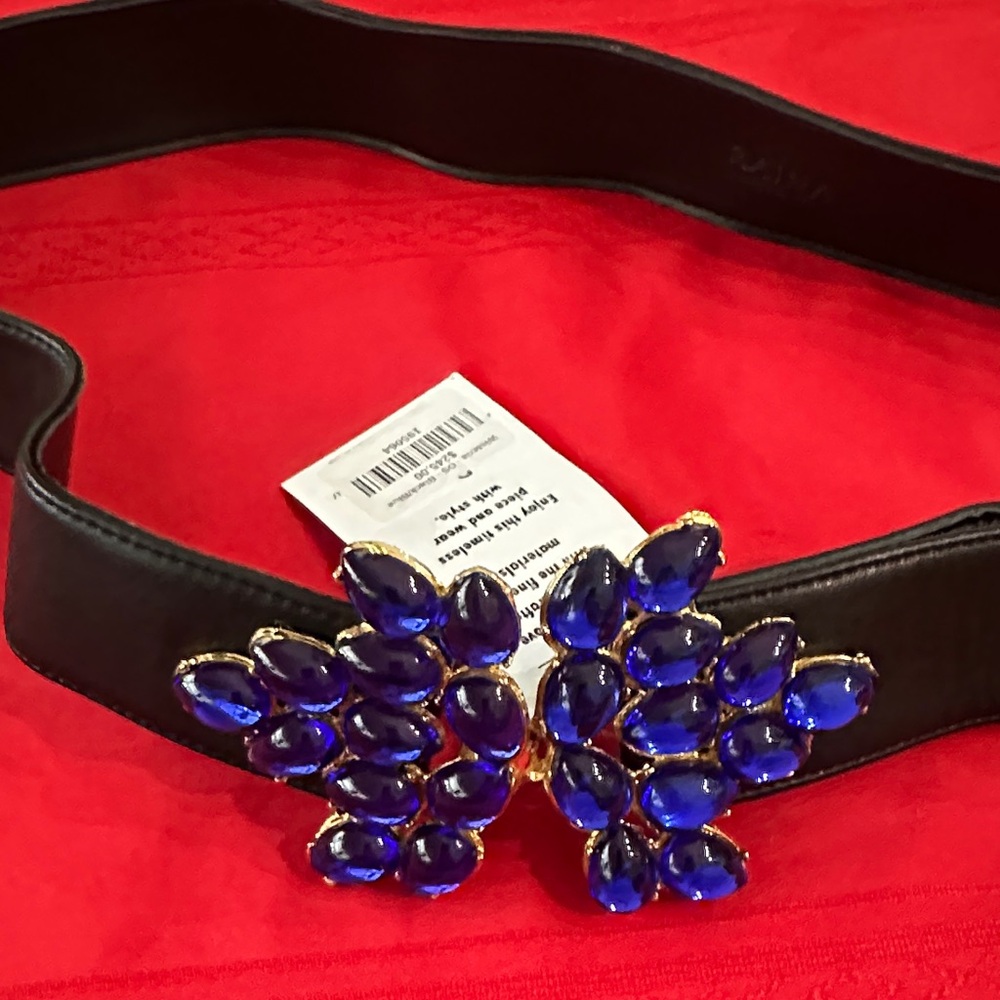 NWT RAINA BLK WISTERIA Elegant Black Belt with Blue Gemstone Accent